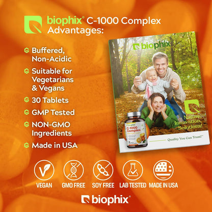 biophix Vitamin C-1000 mg 30 Tablets Complex – Vegan with Calcium, Citrus Bioflavonoids, Acerola, Rutin – Supports Immune Health