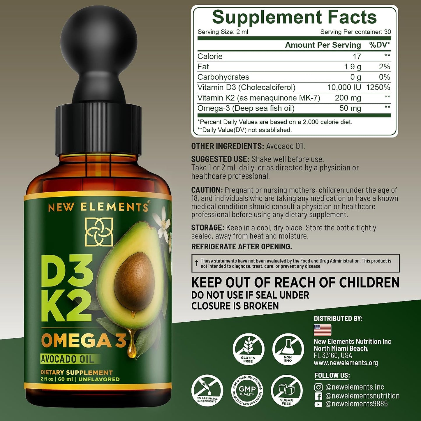 New Elements Liquid Vitamin D3 + K2 Drops, 10,000 IU with Omega-3 – Avocado Oil Base, Non-GM – 60 mL - görsel 3