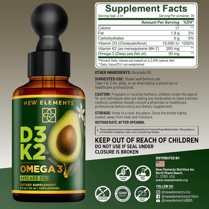 New Elements Liquid Vitamin D3 + K2 Drops, 10,000 IU with Omega-3 – Avocado Oil Base, Non-GM – 60 mL