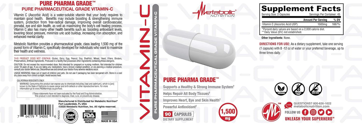 Metabolic Nutrition Vitamin C, 1500mg, Pure Pharma Grade, High Absorption Ascorbic Acid Capsules (90 Caps) - görsel 4