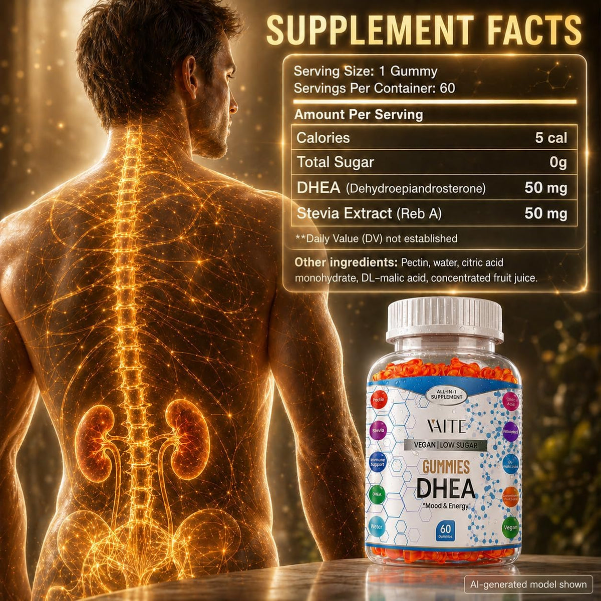 VAITE DHEA 50mg Gummies for Men and Women's – Adults with Low DHEA Levels: A blood test can reveal if DHEA levels – Image 3