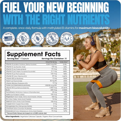Bariatric Multivitamin Without Iron - Methylated B12 & Folate for Gastric Bypass & Sleeve Surgery | ASMBS Compliant | 1 Daily Capsule, 21 Nutrients | Made in USA, 30 Capsules