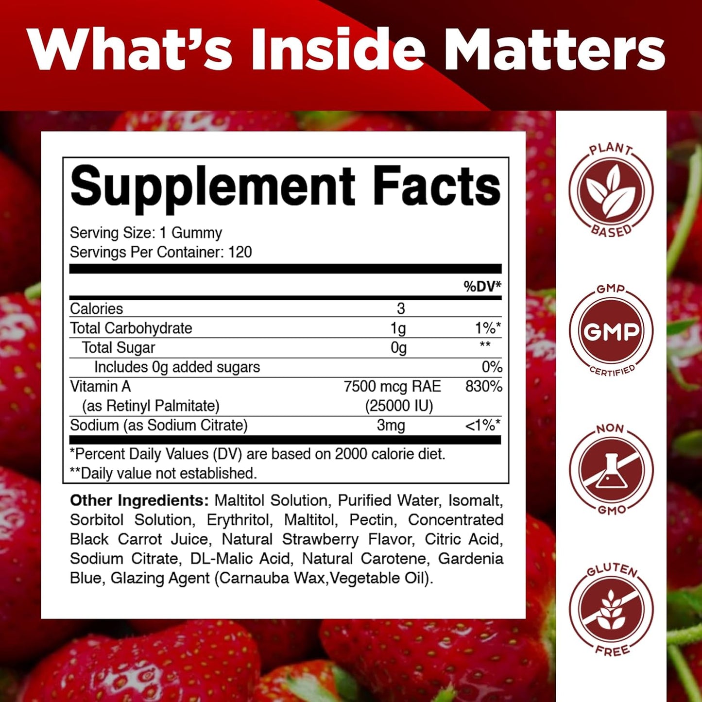 Vitamatic Vitamin A 25,000 IU Gummies – Sugar Free Retinyl Palmitate – 1 Daily Gummy, 120 Servings – Natural Strawberry Flavour – Pectin Based – 120 Count - görsel 2