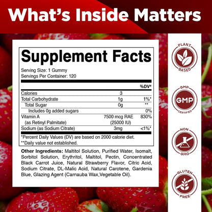 Vitamatic Vitamin A 25,000 IU Gummies – Sugar Free Retinyl Palmitate – 1 Daily Gummy, 120 Servings – Natural Strawberry Flavour – Pectin Based – 120 Count