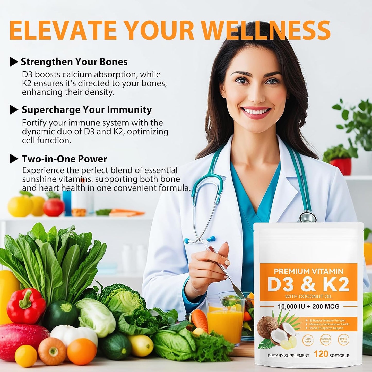 Vitamin D3 K2 Supplement Soft-gels, 10000 IU Vit D3 + 200 mcg K2 (MK-7) | 2-in-1 Formula with Coconut Oil, Supports Calcium Absorption, Easy to Swallow 120 Capsules - görsel 5