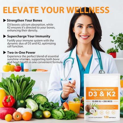 Vitamin D3 K2 Supplement Soft-gels, 10000 IU Vit D3 + 200 mcg K2 (MK-7) | 2-in-1 Formula with Coconut Oil, Supports Calcium Absorption, Easy to Swallow 120 Capsules