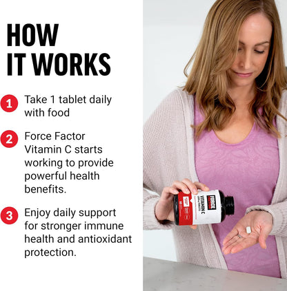 Force Factor Vitamin C 1000mg Immune Support Supplement, Vitamin C Supplement Immunity Vitamins Plus Antioxidant Support, Premium Quality, Vegan, 60 Vitamin C Tablets