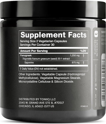 Toniiq Fenugreek Capsules - Ultra High Potency 20:1 Extract with 70% Saponins - 60 Capsules