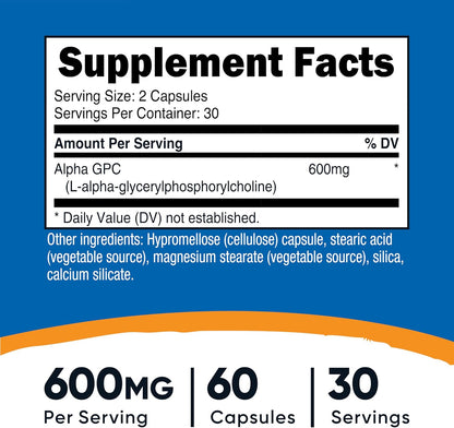 Nutricost Alpha GPC 600mg (300mg per Capsule) - 120 Vegetarian Capsules