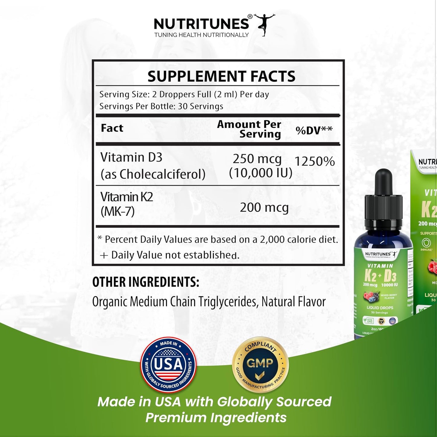Nutritunes K2 D3 Liquid Drops - Vitamin D3 10,000 IU & Vitamin K2 200 mcg, Mixed Berry, 2 oz - görsel 5