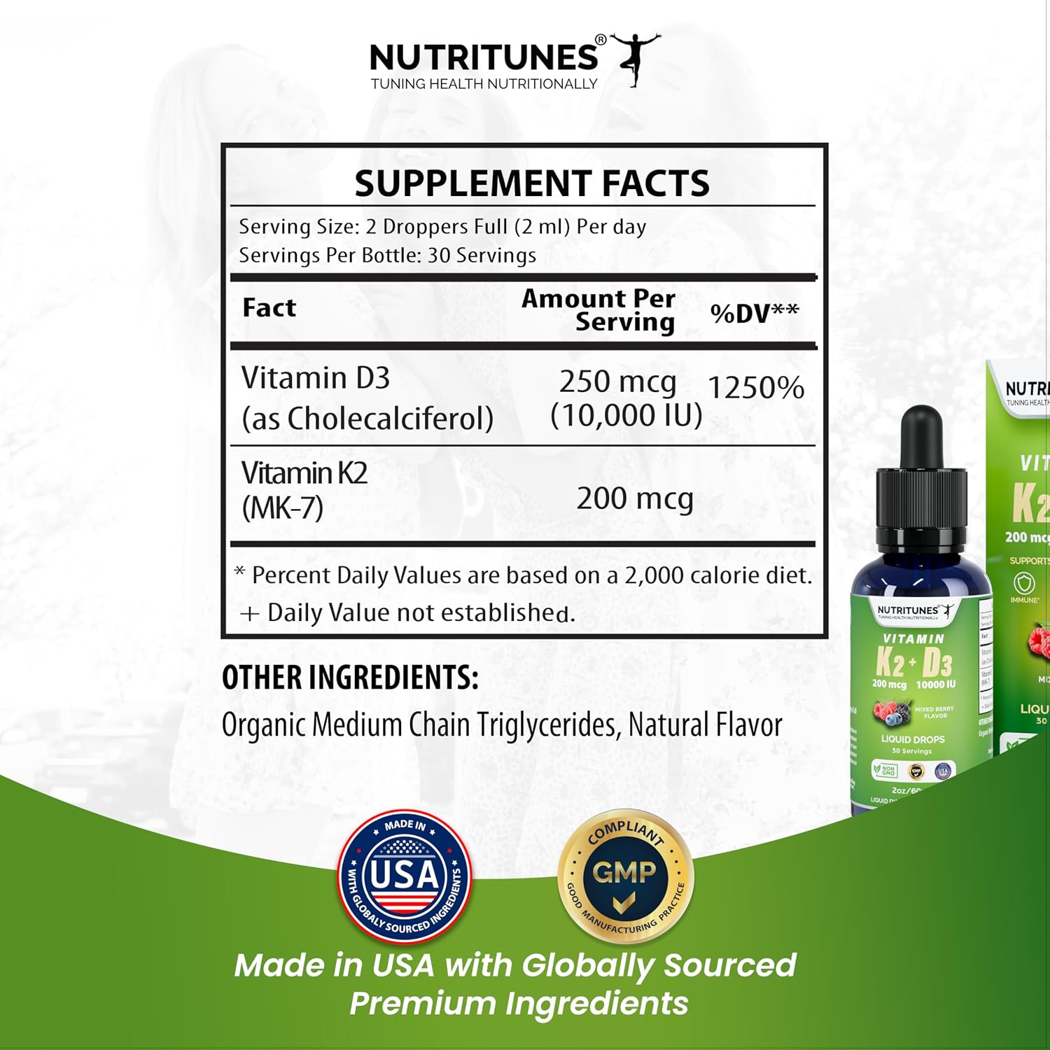 Nutritunes K2 D3 Liquid Drops - Vitamin D3 10,000 IU & Vitamin K2 200 mcg, Mixed Berry, 2 oz - görsel 5