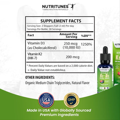 Nutritunes K2 D3 Liquid Drops - Vitamin D3 10,000 IU & Vitamin K2 200 mcg, Mixed Berry, 2 oz