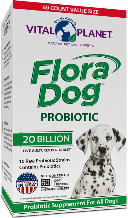 Vital Planet Flora Dog Probiotic for Dogs - 20 Billion CFU, 60 Chewable Tablets