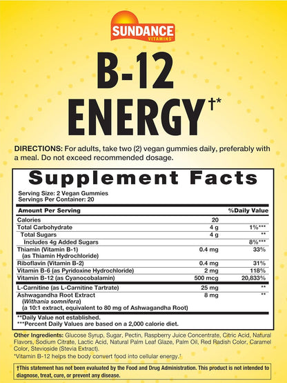 Sundance Vitamins B-12 Energy Gummies | – Nervous system health: maintains the myelin sheath around nerves for – Image 2