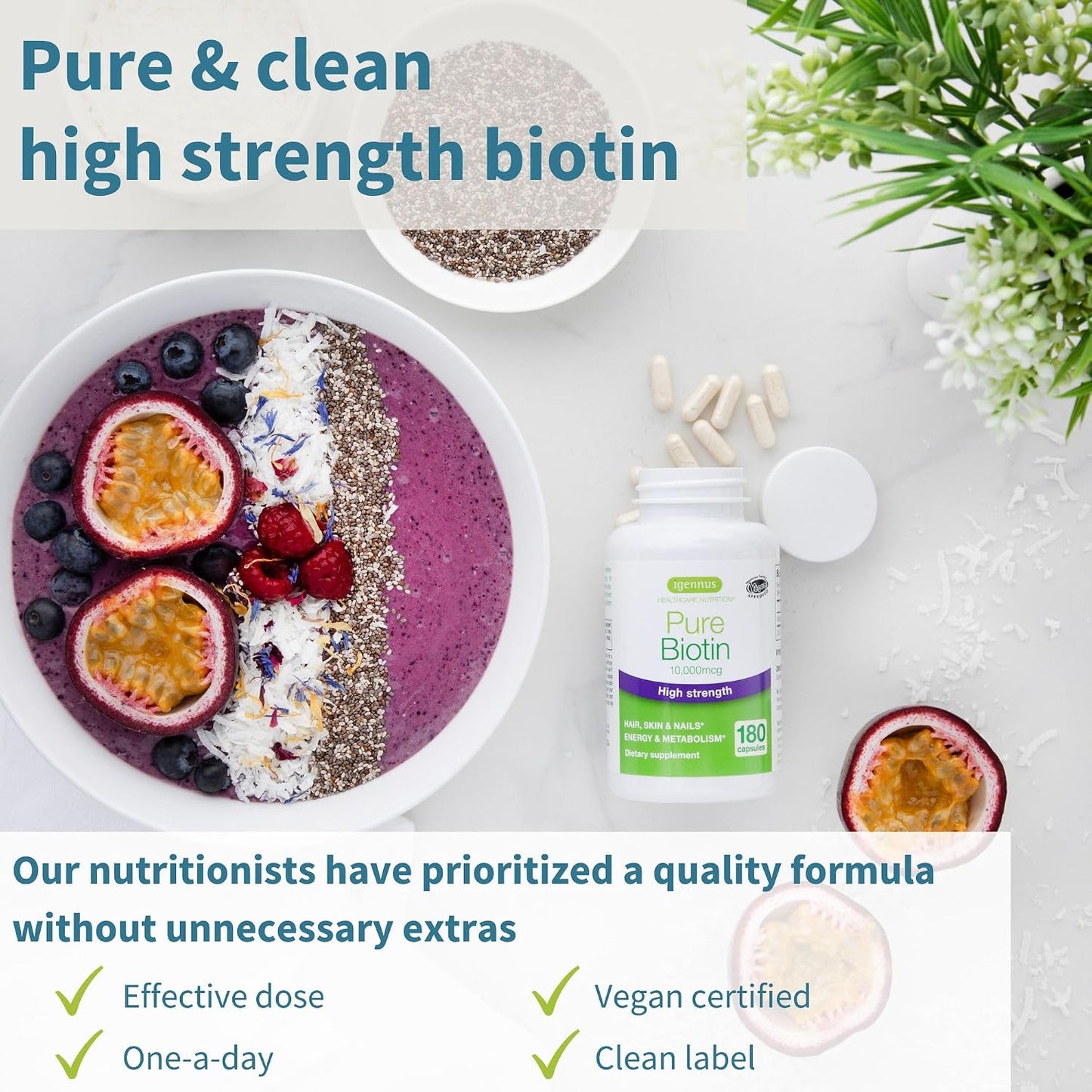Igennus Clean Biotin 10,000mcg – High Potency Vitamin B7, Vegan, 180 Capsules - görsel 2