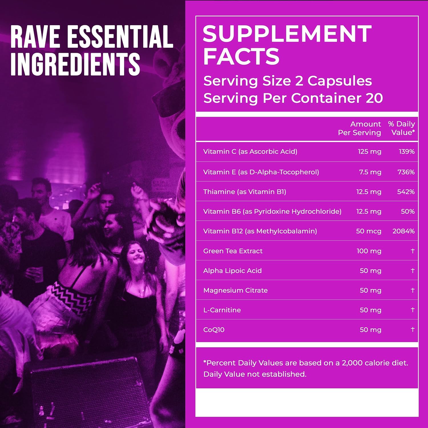 Pre-Rave Supplement - 5-HTP Free Rave Vitamins with CoQ10, Magnesium, Green Tea - Festival Essentials for Energy, Wellbeing & Jaw Support - 40 Capsules - görsel 6