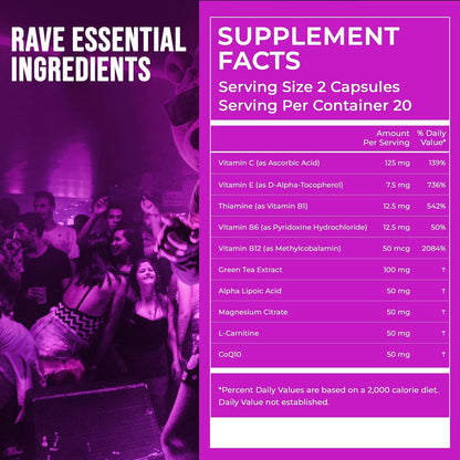 Pre-Rave Supplement - 5-HTP Free Rave Vitamins with CoQ10, Magnesium, Green Tea - Festival Essentials for Energy, Wellbeing & Jaw Support - 40 Capsules