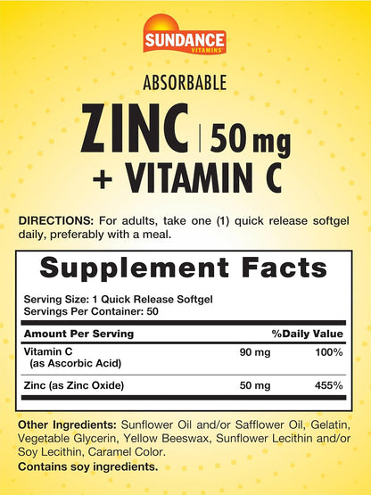 Sundance Absorbable Zinc with Vitamin C - 50mg, 50 Softgels