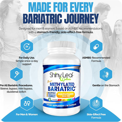 Bariatric Multivitamin Without Iron - Methylated B12 & Folate for Gastric Bypass & Sleeve Surgery | ASMBS Compliant | 1 Daily Capsule, 21 Nutrients | Made in USA, 30 Capsules