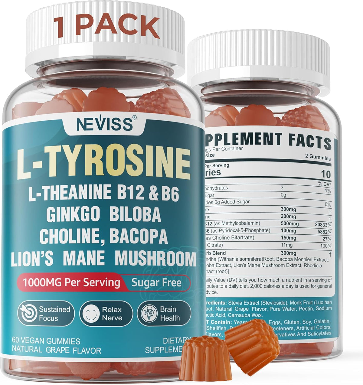 NEVISS Sugar-free L-Tyrosine Gummies – – Sugar-free Formula: Sweetened with monk fruit extract, zero calories – Image 1