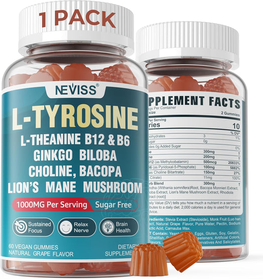 NEVISS Sugar-free L-Tyrosine Gummies – – Sugar-free Formula: Sweetened with monk fruit extract, zero calories – Image 1