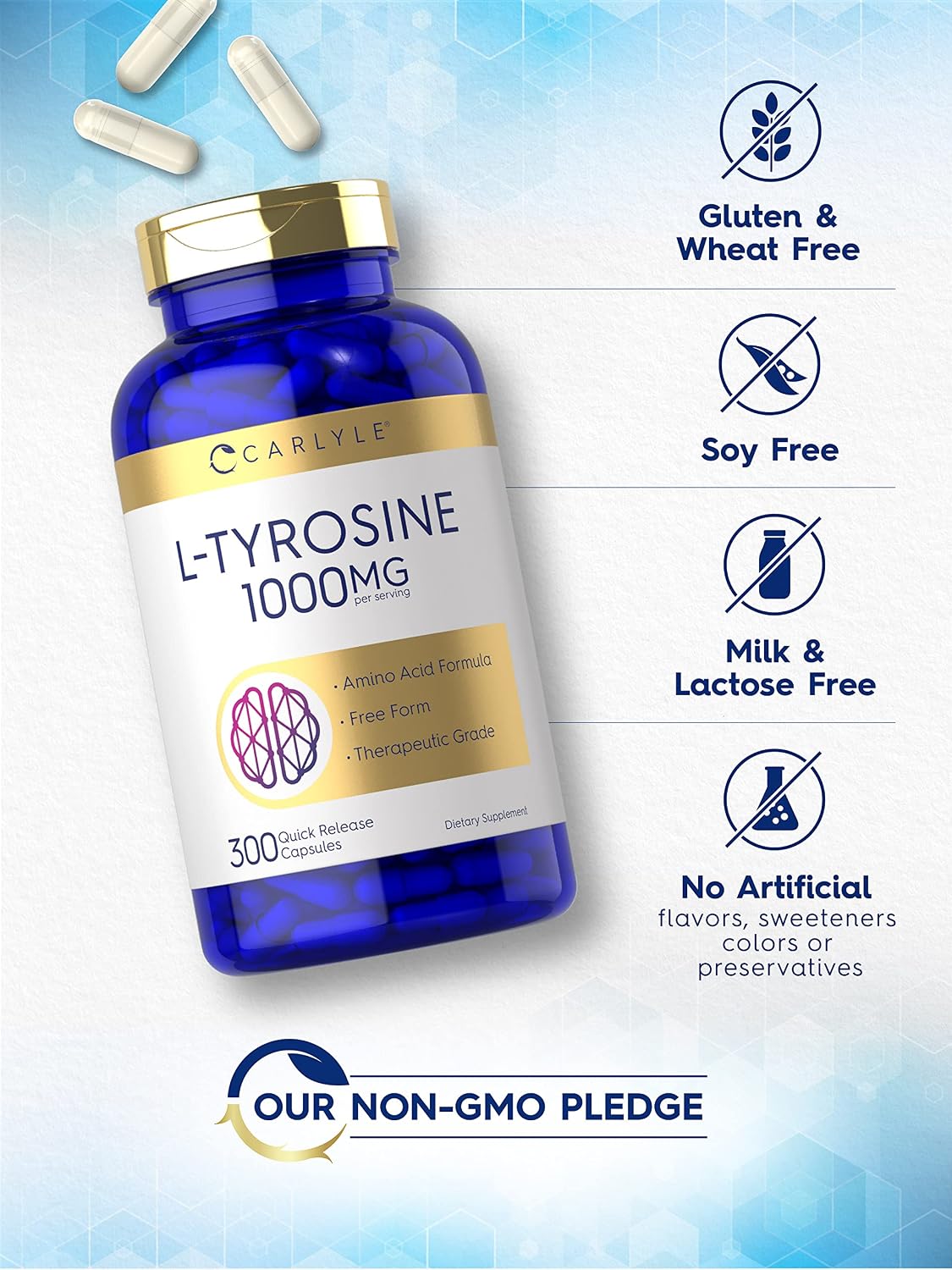 Carlyle L-Tyrosine Capsules 1000mg, 300 Count, Therapeutic Grade, Non-GM & Gluten free - görsel 4