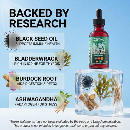 Clean Nutra Organic Sea Moss Drops Supplement | Black Seed Oil, Ashwagandha, Burdock Root & Bladderwrack - Multimineral – Image 3