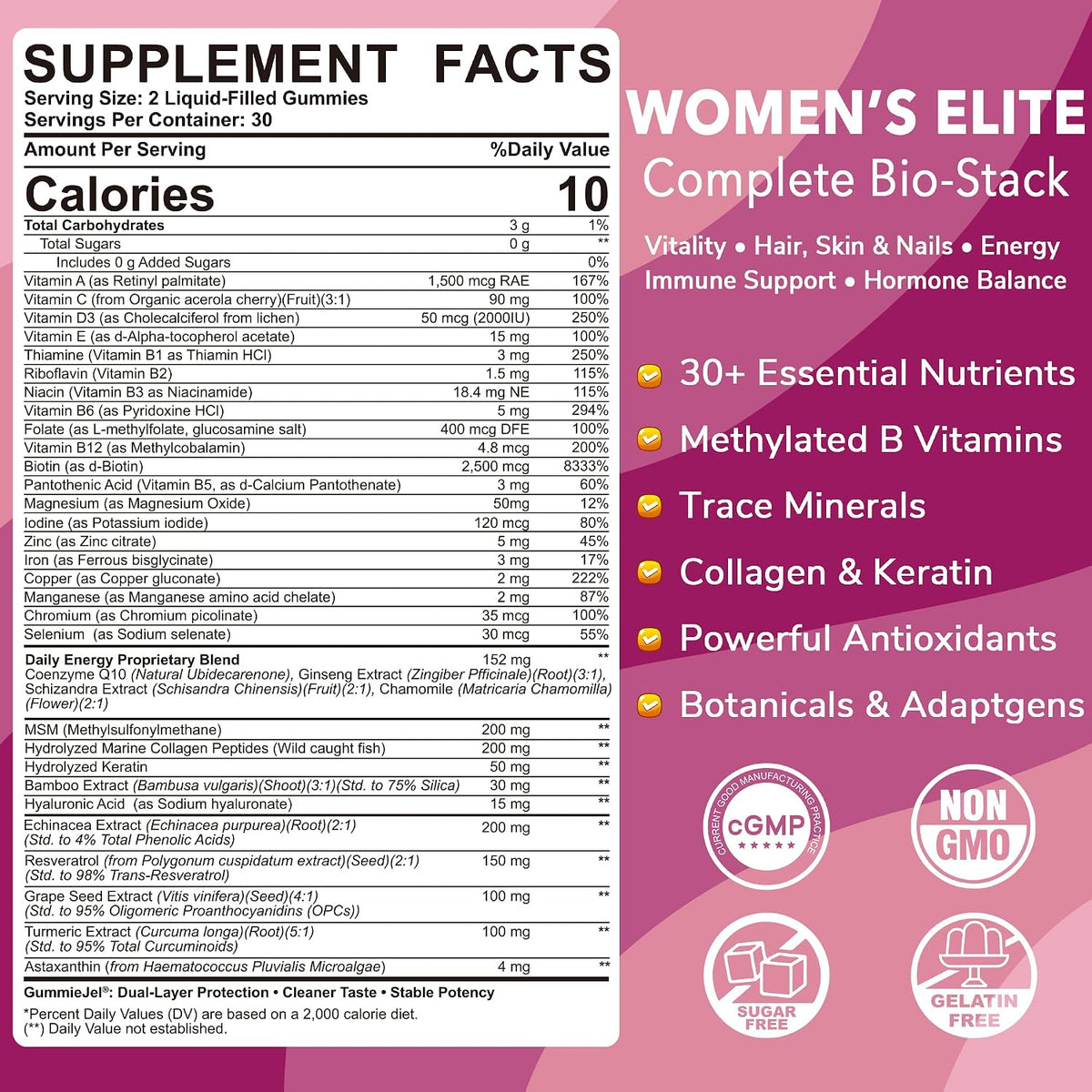 2 Pack - Women's's Multivitamin Gummy, Methylated Multivitamin for Women's, Biotin, Methylfolate, Iron, Collagen, Vitamins A – Image 2