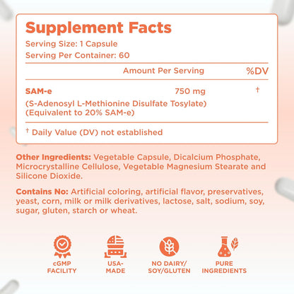 Clear Formulations Bioactive SAM-e 750mg - – Potency: 750 mg per capsule is considered a high strength dose, – Image 2