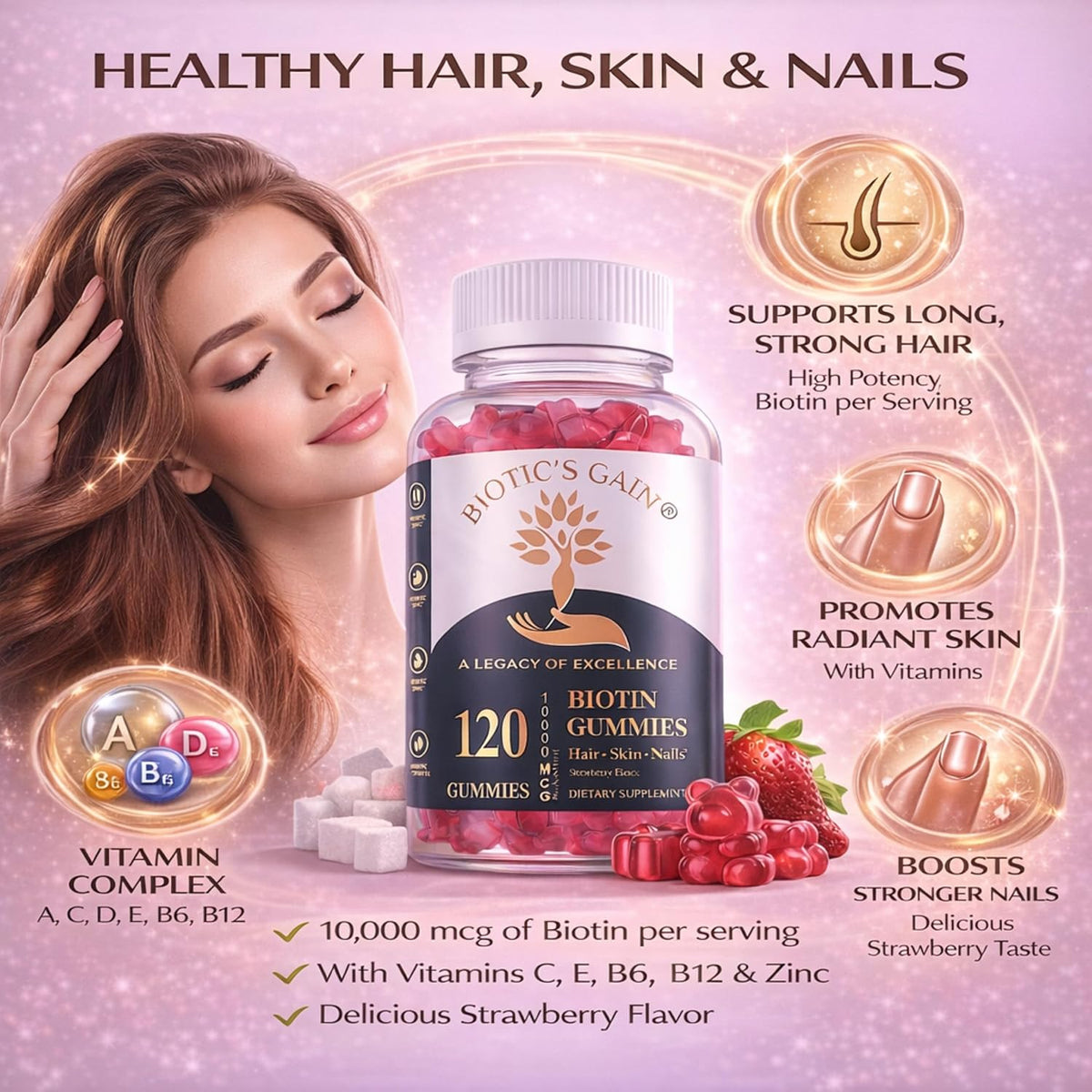 Biotic's Gain Biotin Gummies, 10,000 mcg, Hair Skin and Nail Support, with Vitamins A C D E B6 B12 and Zinc, Vegan, – Image 2