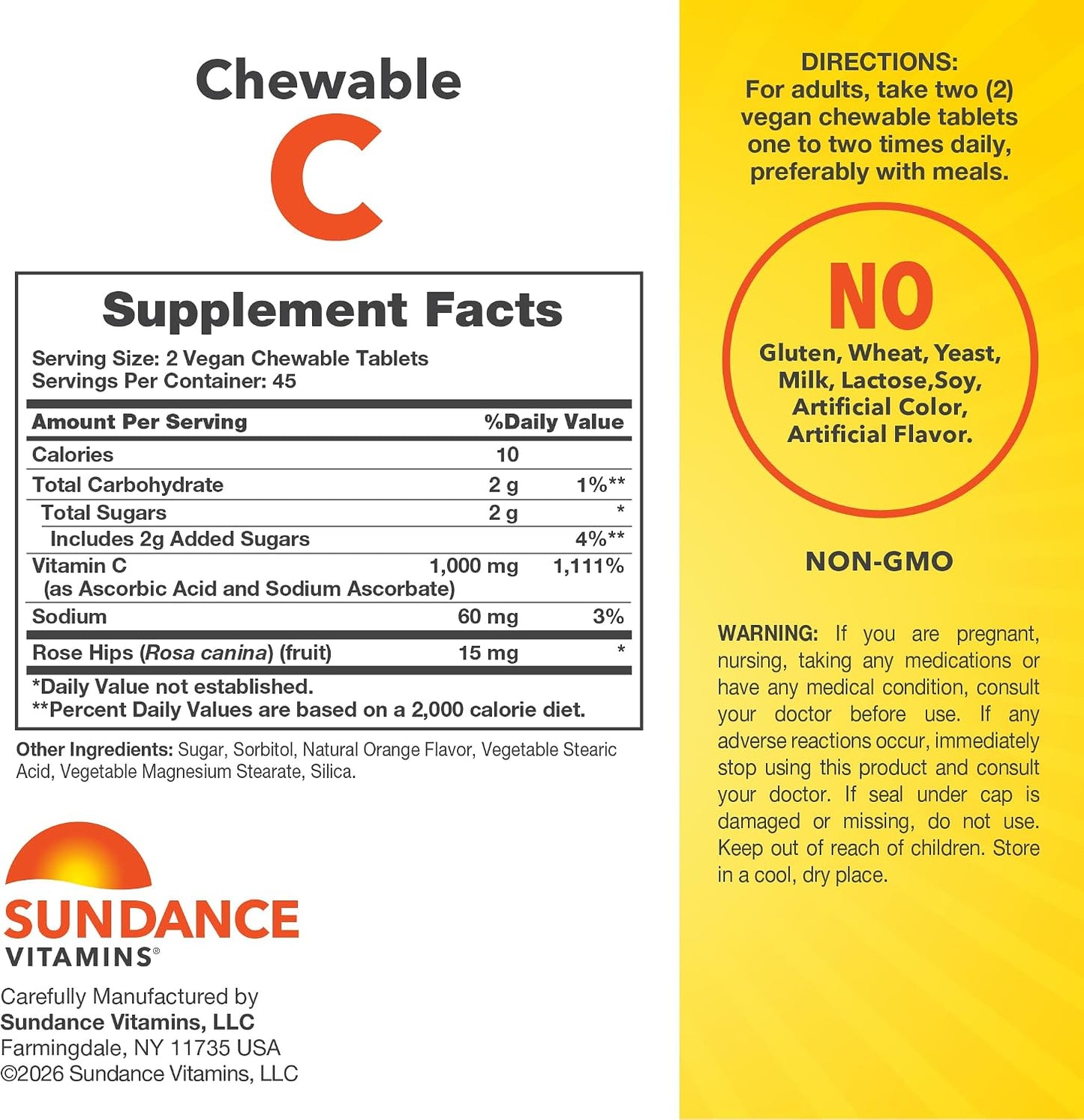 Sundance Chewable Vitamin C 1000mg | 90 Tablets | Natural Orange Flavour | Vegan, Non-GM & Gluten free Supplement - görsel 2