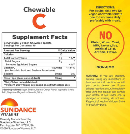 Sundance Chewable Vitamin C 1000mg | 90 Tablets | Natural Orange Flavour | Vegan, Non-GM & Gluten free Supplement