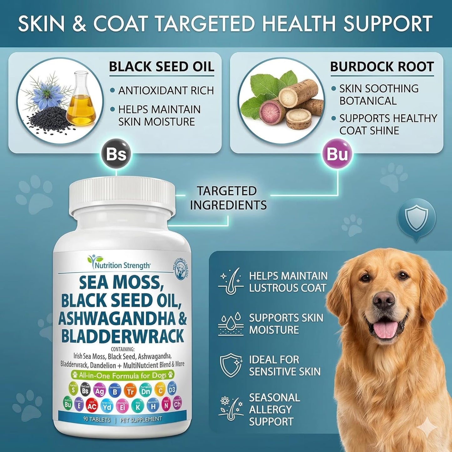 Sea Moss for Dogs - 17-in-1 Immunity, Skin & Coat Support with Black Seed Oil, Ashwagandha & Turmeric for Daily Vitality & Seasonal Allergy Relief - 90 Chewable Tablets - görsel 3