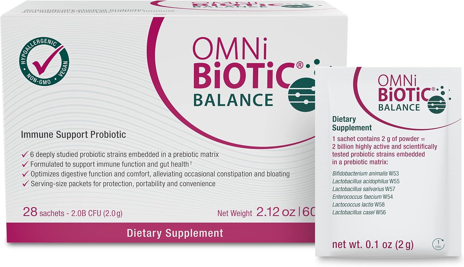 OMNi BiOTiC Balance Probiotic Immune Support - Bifidobacterium & Lactobacillus - Hypoallergenic - Immune Booster Supplement for Men and Women - Non-GM (28 Daily Sachets) - görsel 1
