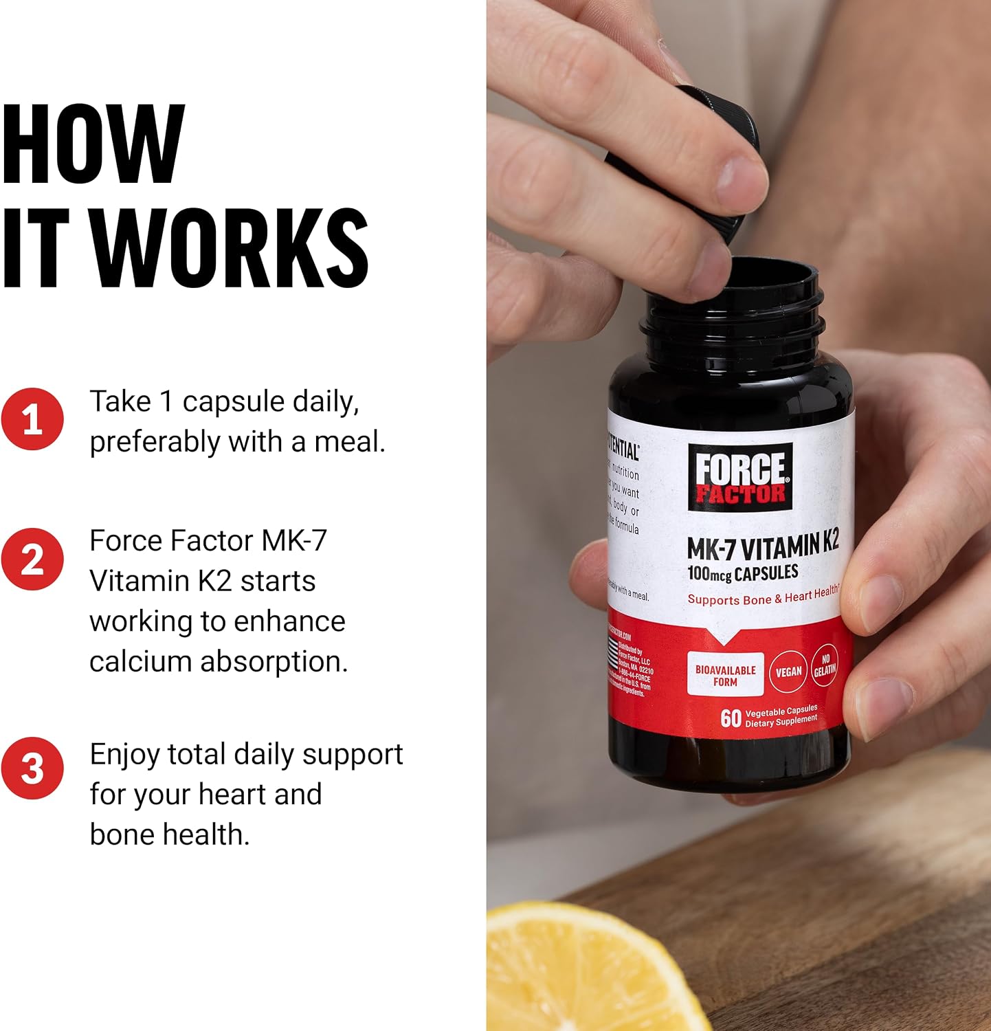 Force Factor MK-7 Vitamin K2 100mcg, Bone Support, Heart Health, Bioavailable, Vegan, Non-GM, 60 Vegetable Capsules - görsel 4