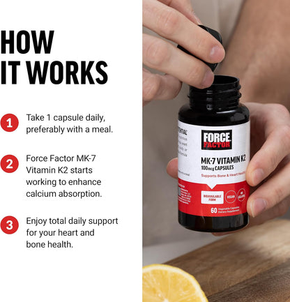Force Factor MK-7 Vitamin K2 100mcg, Bone Support, Heart Health, Bioavailable, Vegan, Non-GM, 60 Vegetable Capsules