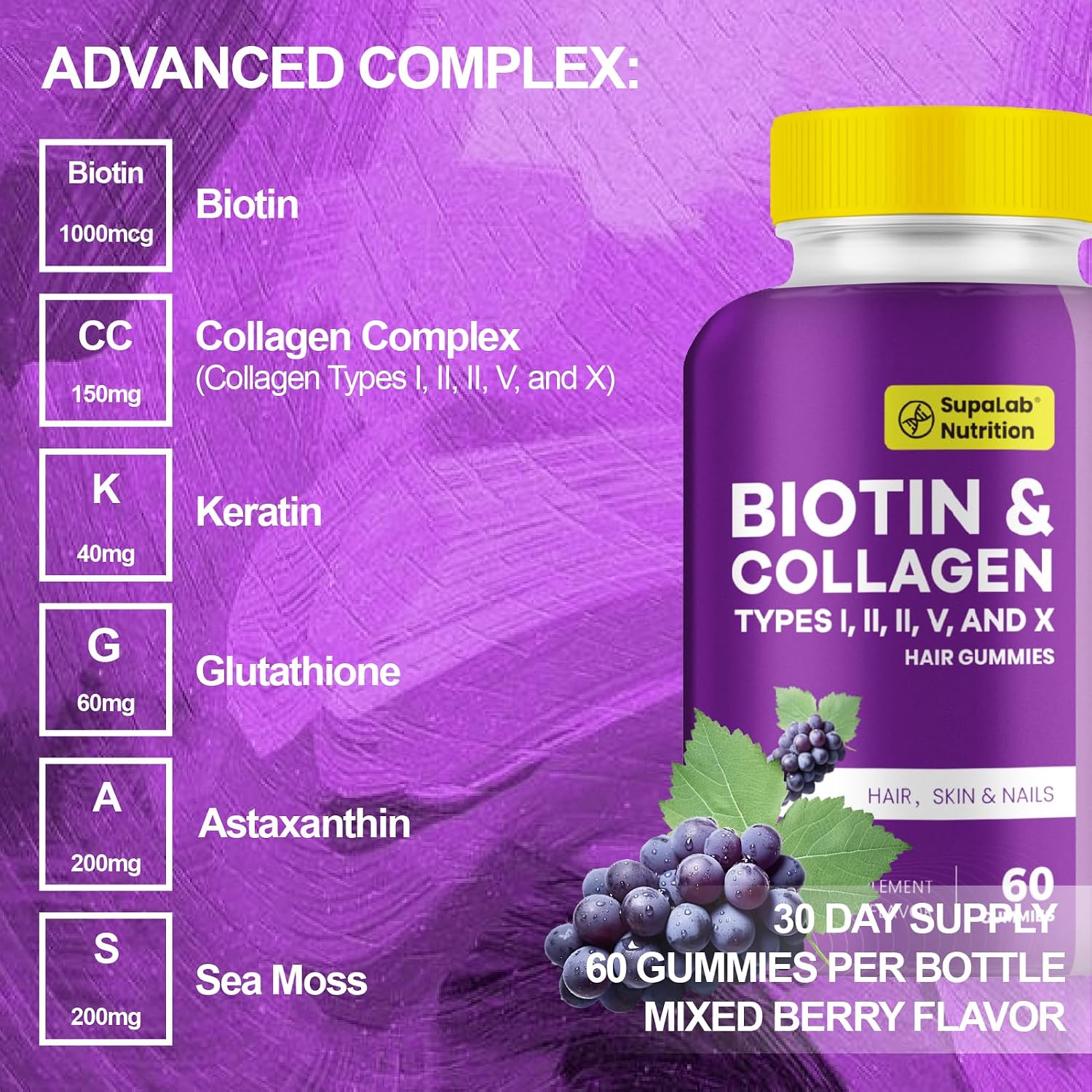 Biotin with Collagen Gummies for Skin, Hair, Nails, Joints & Bones Health – Grapefruit Flavour (180 Gummies) - görsel 3