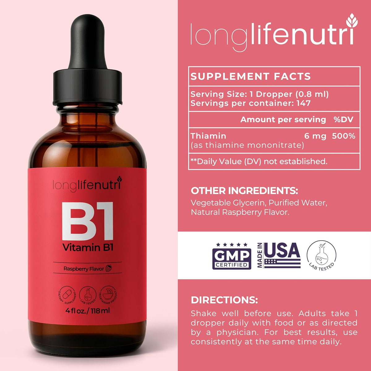 LongLifeNutri Vitamin B1 Liquid Drops – – Encourages cardiovascular health – Thiamine plays a role in red blood – Image 3