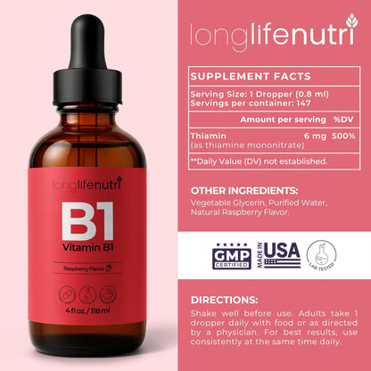LongLifeNutri Vitamin B1 Liquid Drops – – Encourages cardiovascular health – Thiamine plays a role in red blood – Image 3