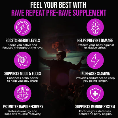 Pre-Rave Supplement - 5-HTP Free Rave Vitamins with CoQ10, Magnesium, Green Tea - Festival Essentials for Energy, Wellbeing & Jaw Support - 40 Capsules