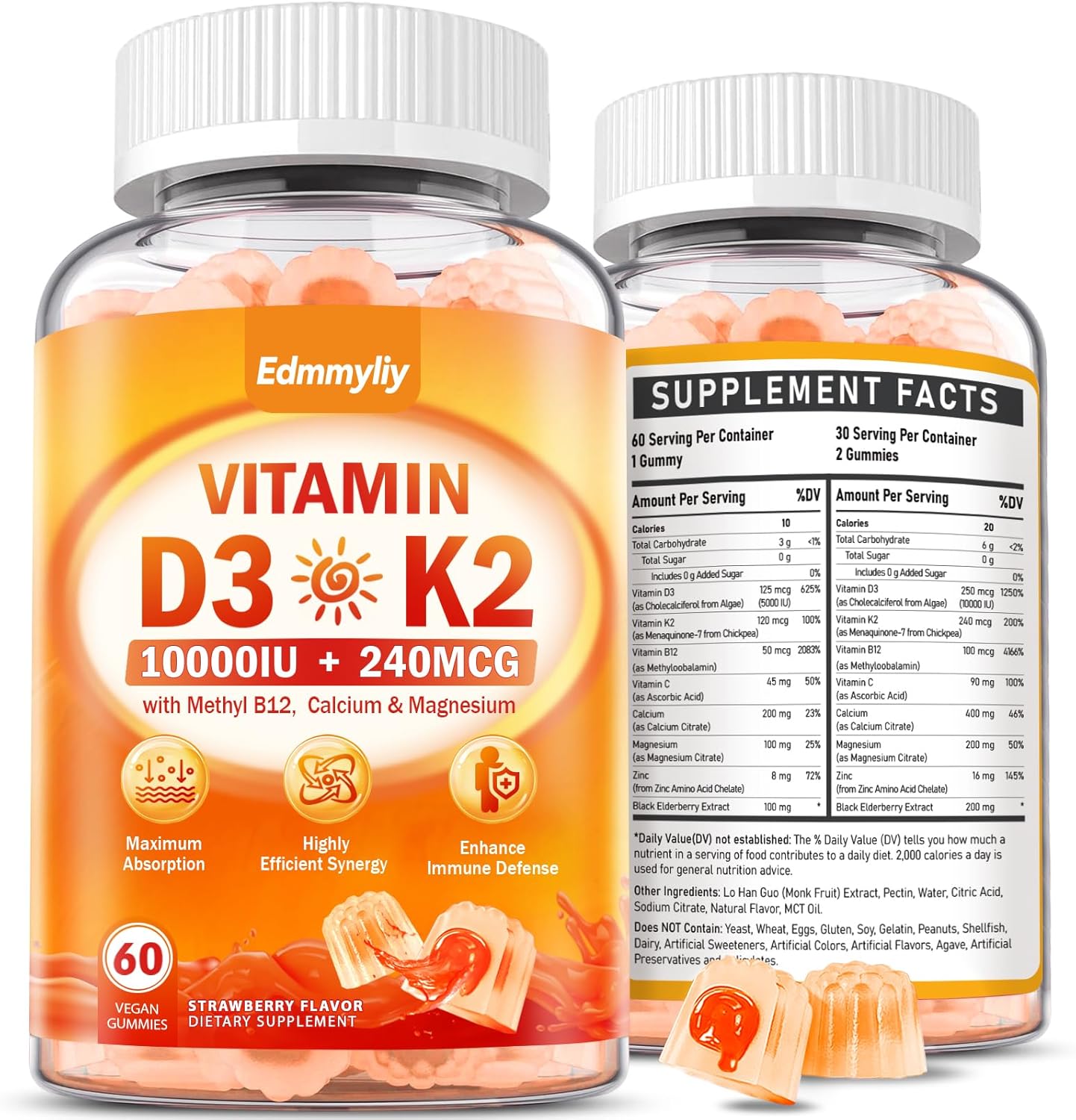 Vitamin D3 10000IU + K2 Gummies with Methyl B12, Calcium, Magnesium, Zinc & Elderberry - Sugar-free Vegan - görsel 1