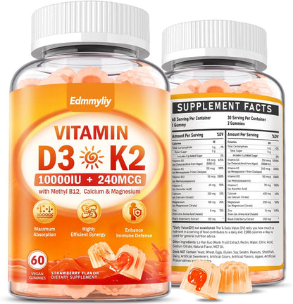 Vitamin D3 10000IU + K2 Gummies with Methyl B12, Calcium, Magnesium, Zinc & Elderberry - Sugar-free Vegan