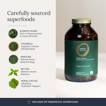 Infinity Greens Superfood Capsules - Blue Green Algae Based with 28 Organic Superfoods, No Fillers or Grasses, Low Temp Dehydrated (34 Servings)