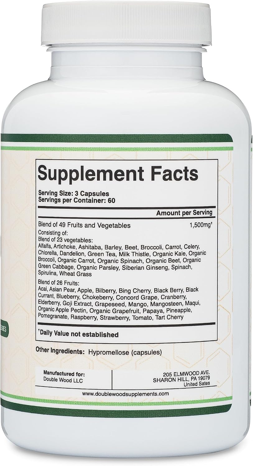 Fruits and Veggies Supplement (Daily Blend of 49 Different Fruits and Vegetables, 23 Veggies and 29 Fruits) 1,500mg Servings, 180 Capsules (No Fillers, Vegan Safe, Non-GM) by Double Wood - görsel 3