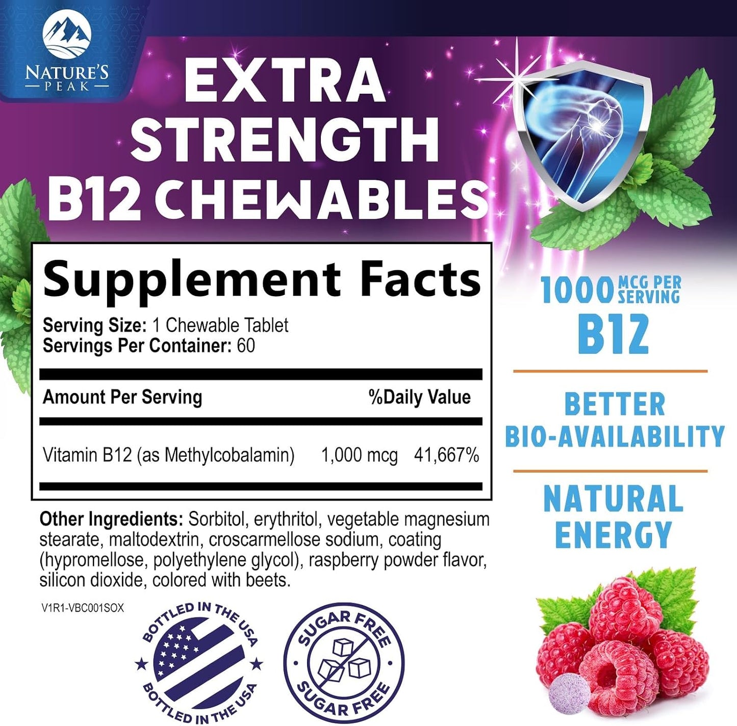 Nature's Peak Vitamin B12 Complex (Methylcobalamin) 1000 mcg - Chewable Tablets, Berry Flavour - 60 Count - görsel 2
