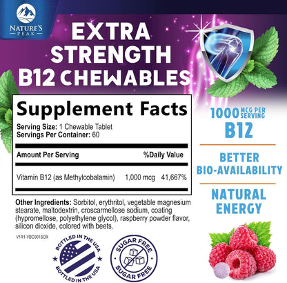 Nature's Peak Vitamin B12 Complex (Methylcobalamin) 1000 mcg - Chewable Tablets, Berry Flavour - 60 Count