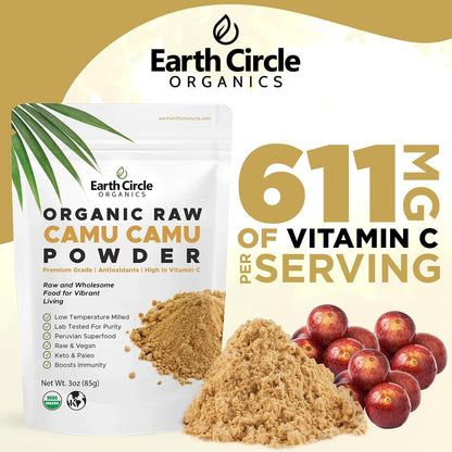 Earth Circle Organics Camu Camu Powder – Organic Raw Berry Powder with Natural Vitamin C & Antioxidants – Vegan, Kosher, Non-GM Superfood – 85g (Pack of 3)