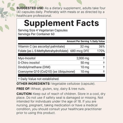 Myo-Inositol & D-Chiro Inositol 2,050mg | 240 Vegetable Capsules + Vitamin C, Folate, DIM, & CoQ10 | Inositol Supplement for Women's | 40:1 Ratio | Hormonal Balance & Ovarian Support | Filler Free