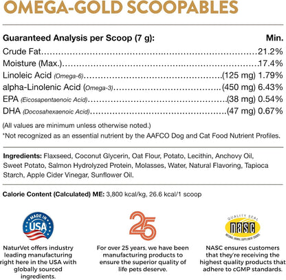 NaturVet Scoopables Omega-Gold Anchovy Oil & Salmon Supplement For Dogs and Cats – Supports Healthy Skin & Coat Plus DHA, EPA, Omega-3, & Omega-6 – Anchovy & Salmon Flavoured For Dog and Cat | 11oz Bag