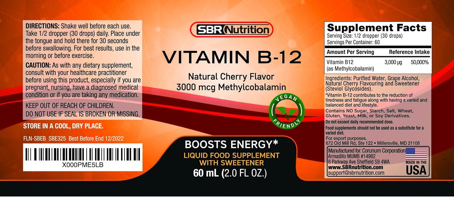 SBR Nutrition Vitamin B12 Sublingual Liquid Drops - Methylcobalamin, 3000mcg, Vegan, Non-GM - görsel 9